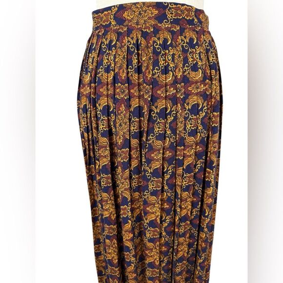 Skā& Company Navy & Gold Floral Vintage High Waist Pleated Midi Skirt - Picture 5 of 7